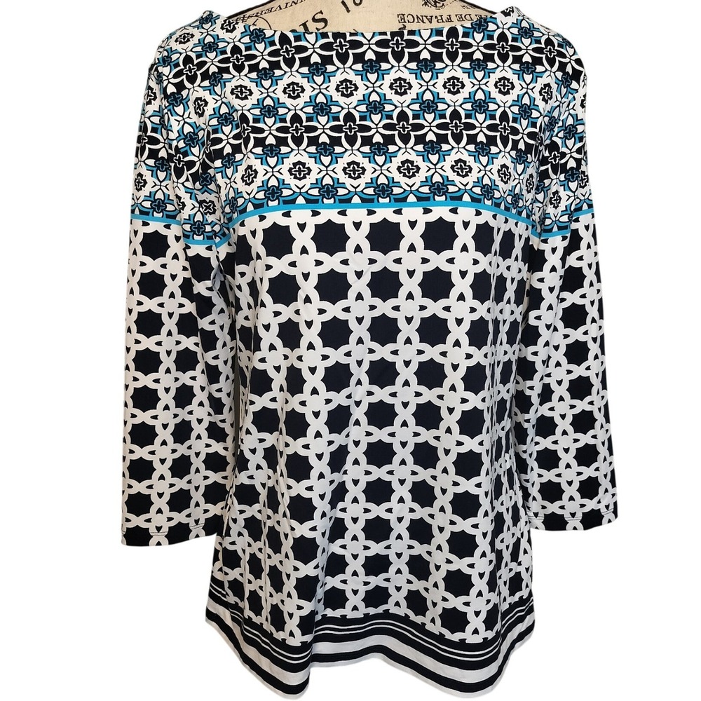 Charter Club Womens M Geometric Print Boat Neck 3/4 Sleeve Top‎ Shirt M